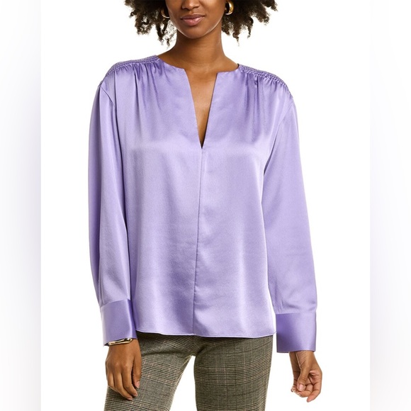 NWOT Vince Smocked Shoulder Long Sleeve Satin Blouse in Lily Stone Size XL - Picture 7 of 16